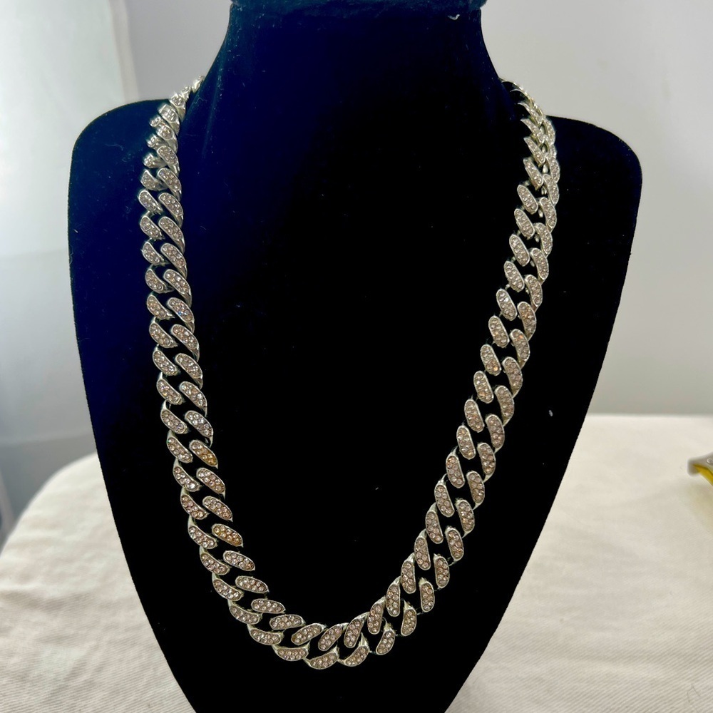 Miami Cuban Link Silver tone with rhinestones Necklace.